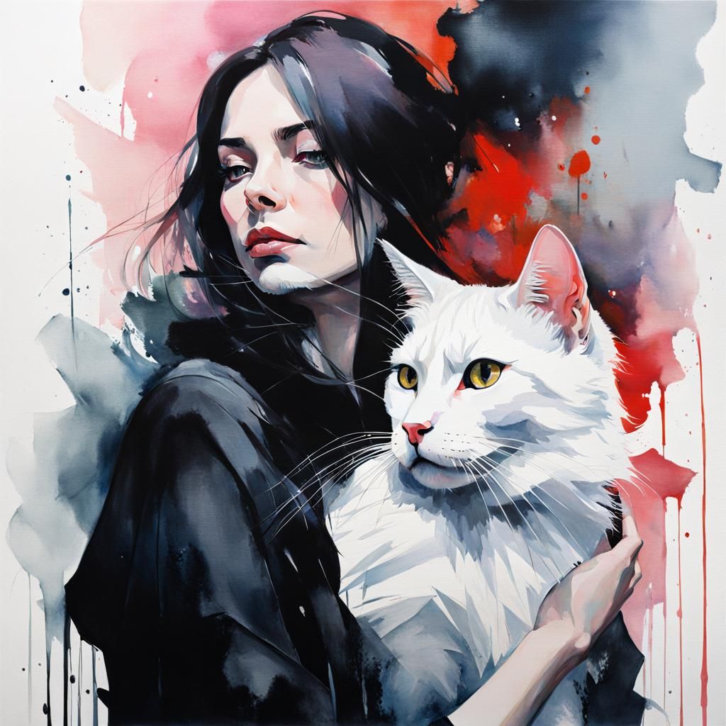 Watercolor Portrait: Woman and Cat