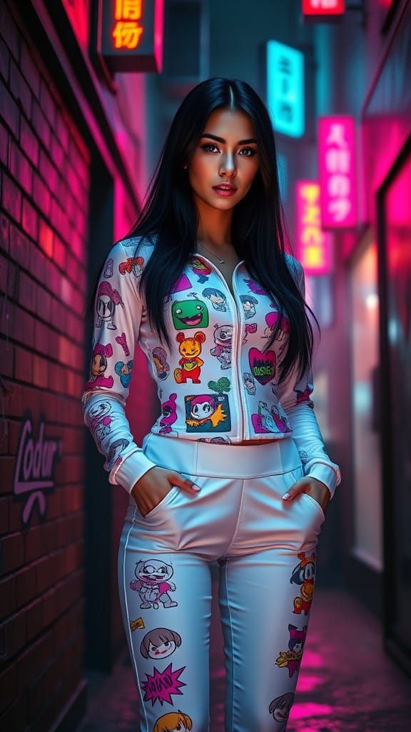 Confident Cyberpunk Fashionista in Neon Glory