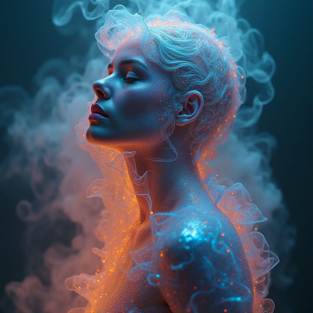 Woman in Iridescent Cocoon Amidst Swirling Mist