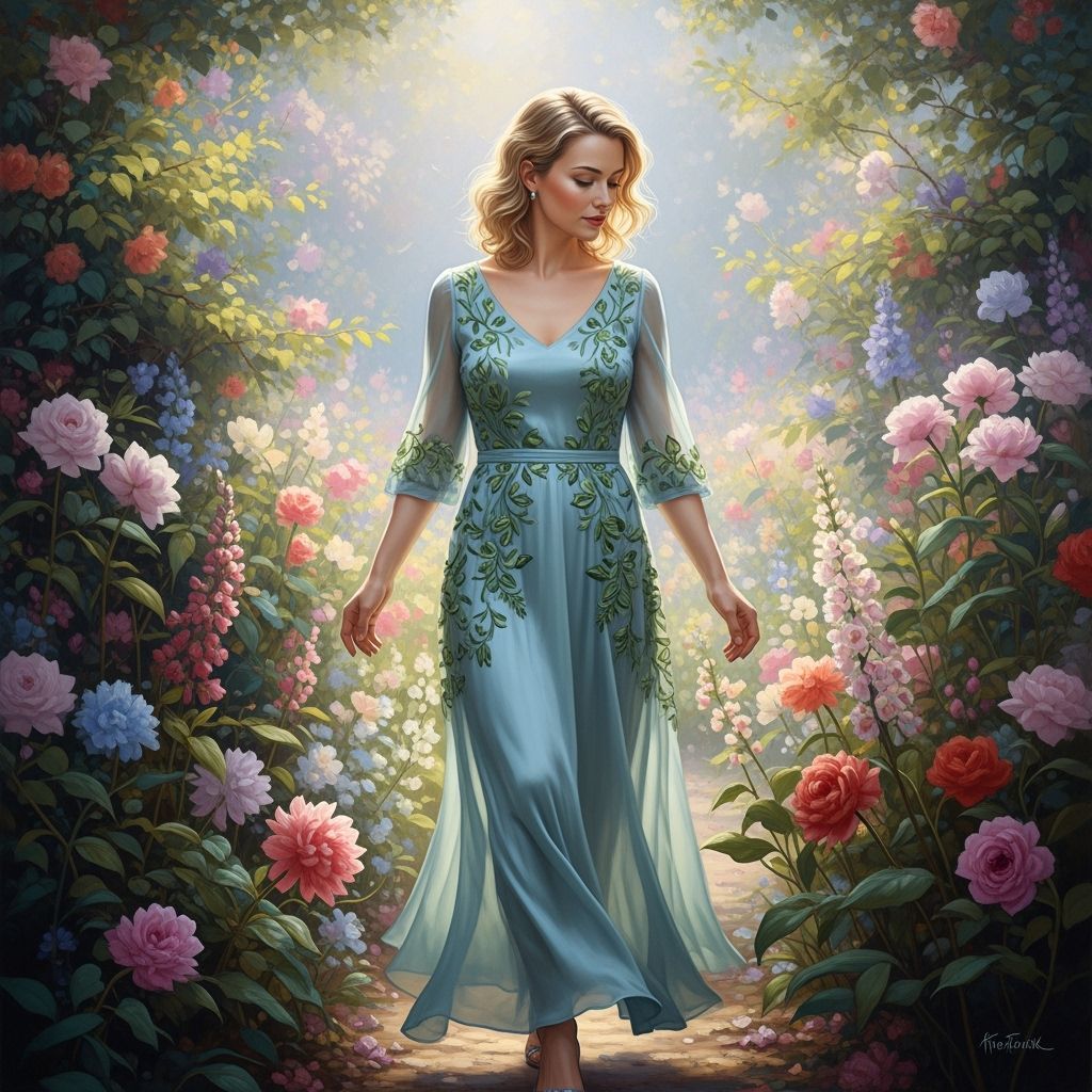 Blonde Woman in Floral Alley, Hyperrealistic Style