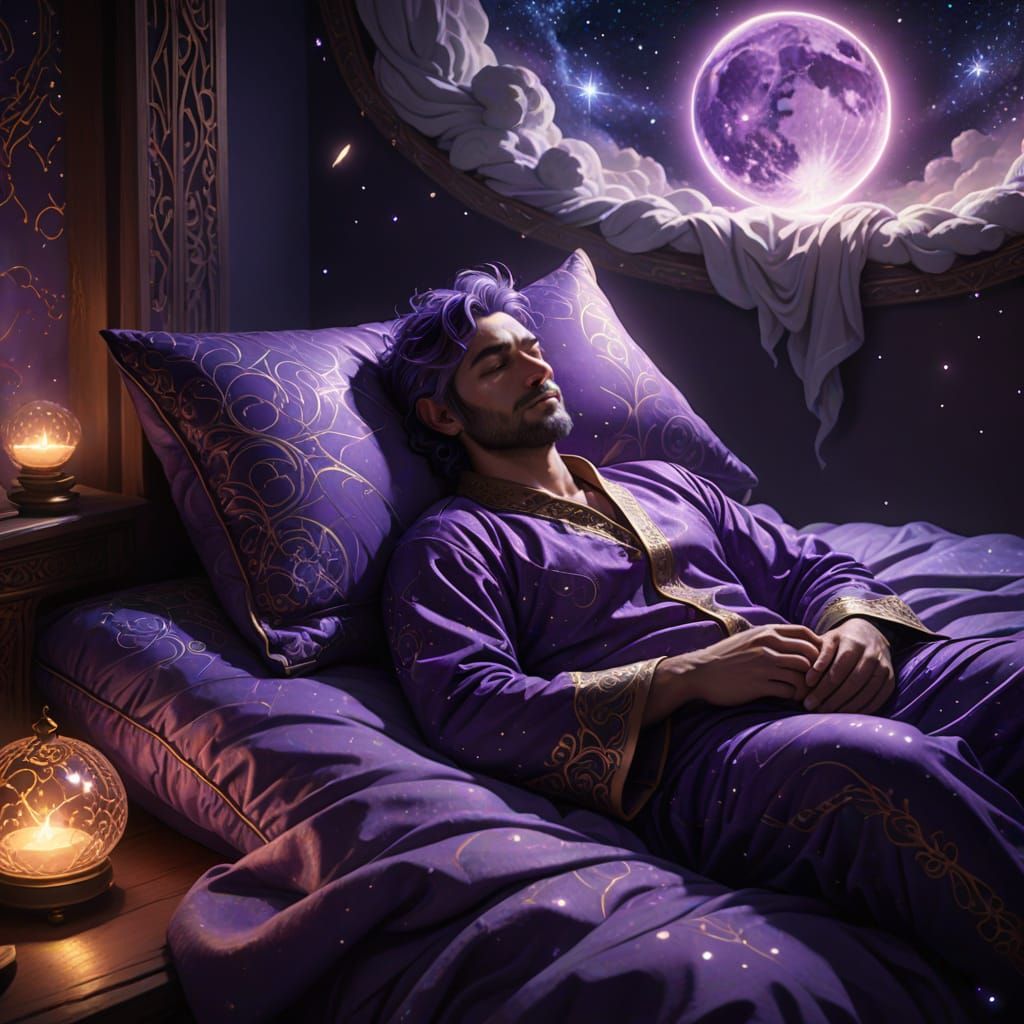Godly Man Sleeping on Glowing Pillow in Ethereal Setting
