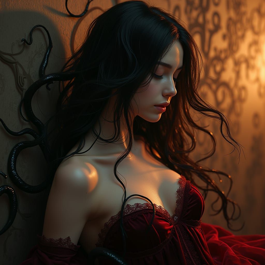 Dark Fantasy Woman Enveloped by Mysterious Tentacles in Velv...