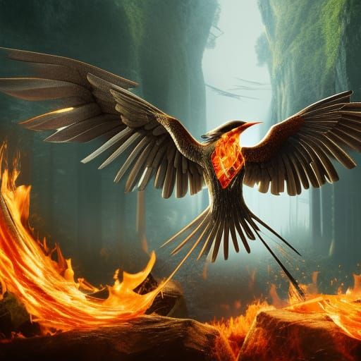 Fiery Bird Soaring Over Forest: Fantasy Concept Art
