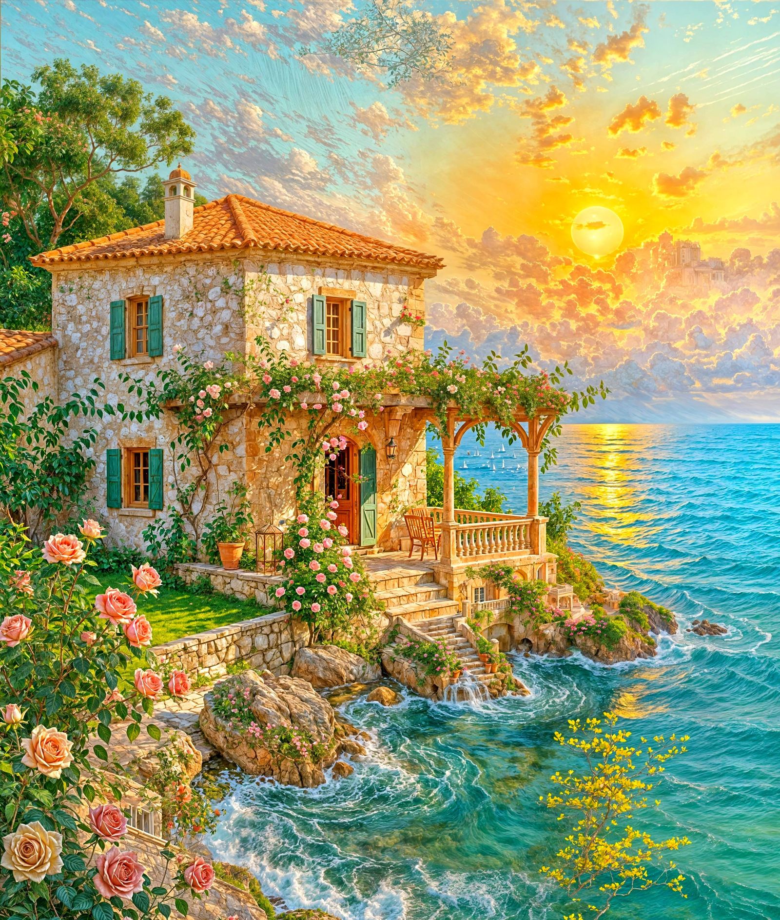 Mediterranean Villa at Sunset Oil Painting