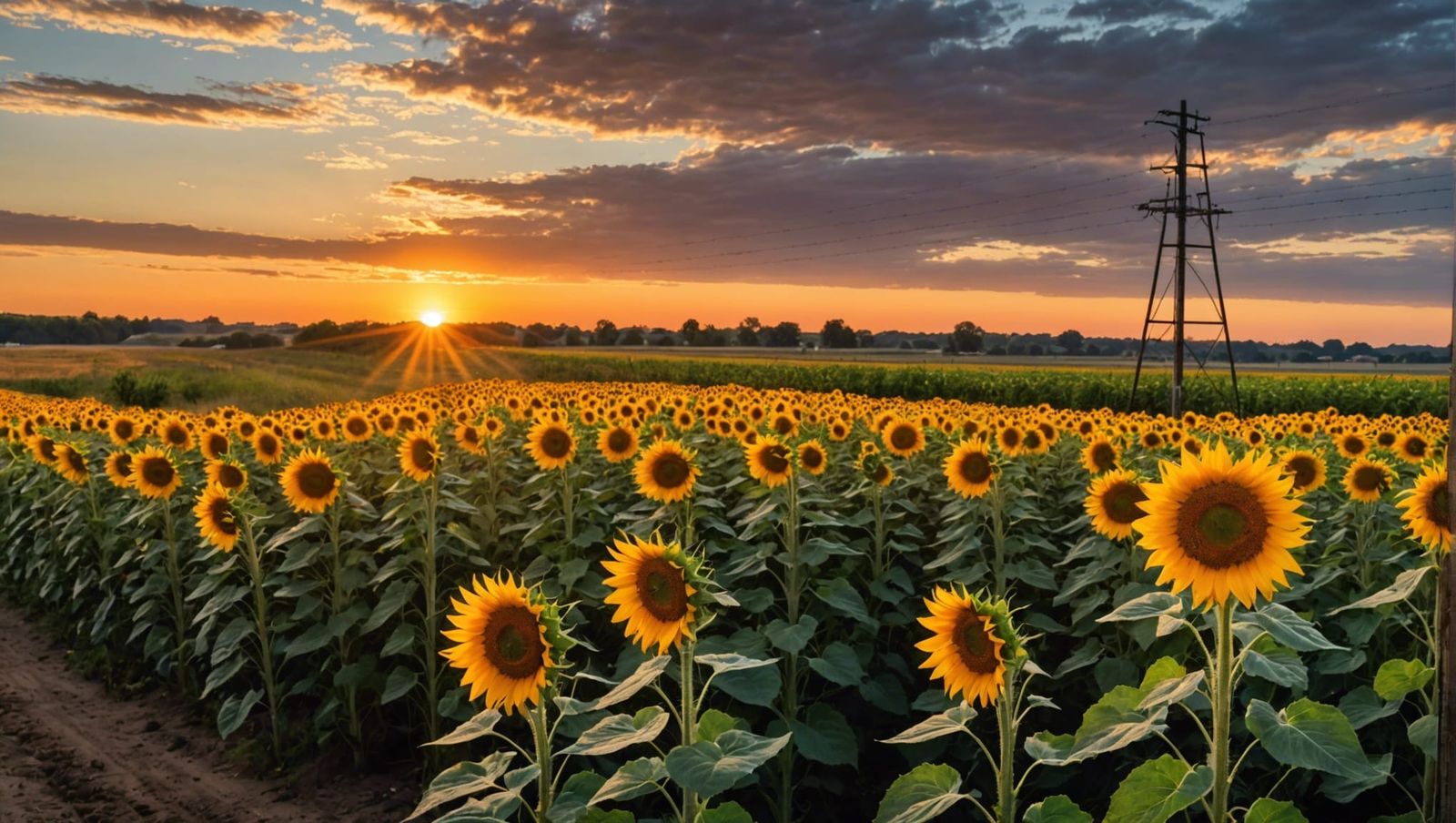 Hyperrealistic Sunflowers at Sunset in a Ditch