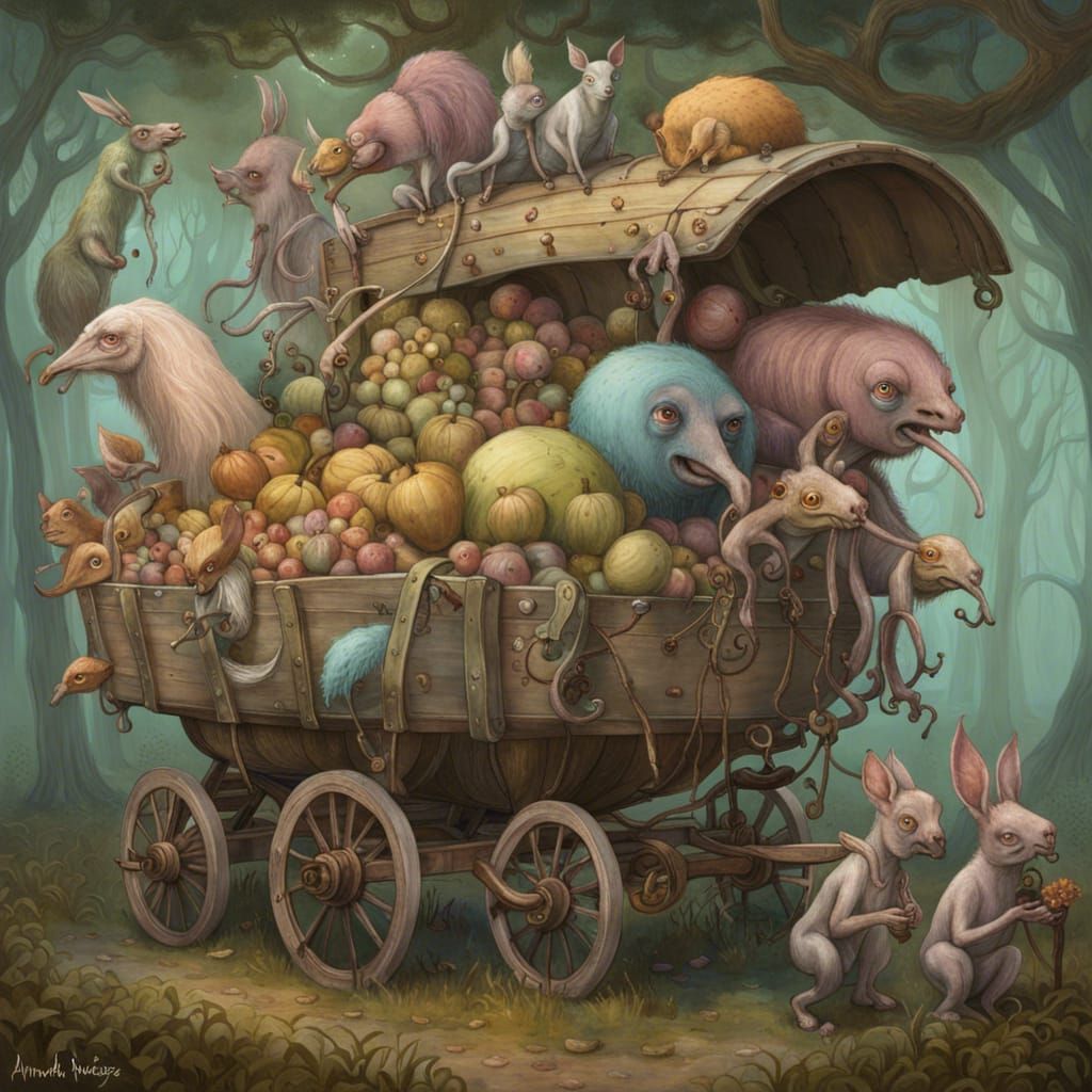 Fantasy Creatures Find Food Wagon, Detailed Illustration