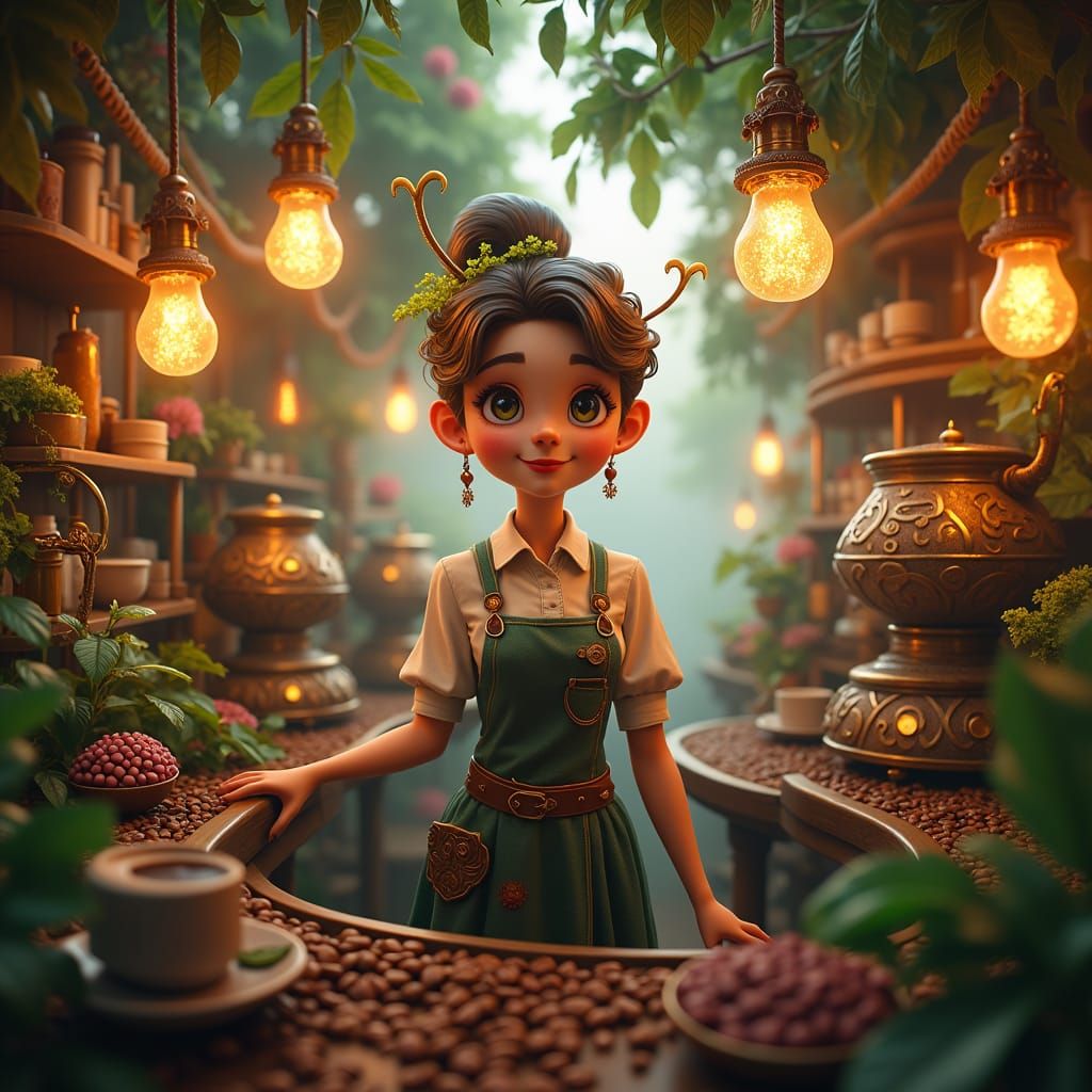 Steampunk Barista in Dreamlike Coffee Shop