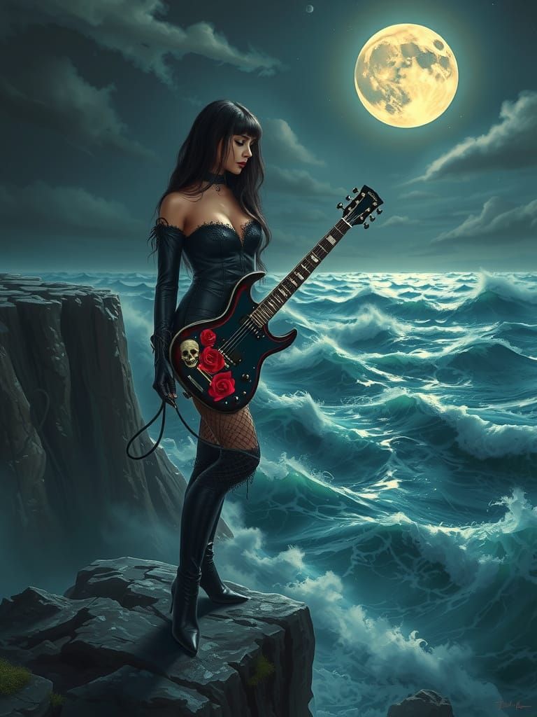 Gothic Metal Girl Overlooking Stormy Sea