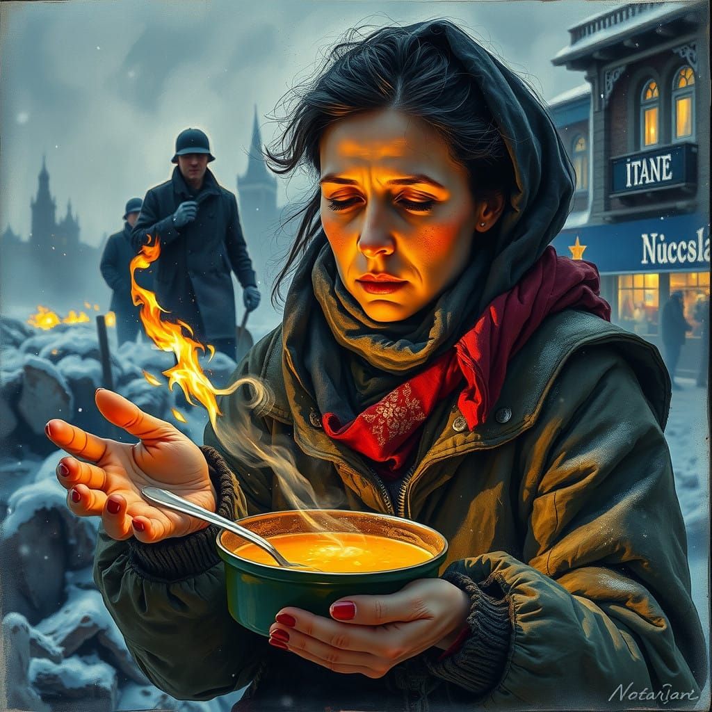 Concerned Woman Offers Soup in a War-Torn Cityscape