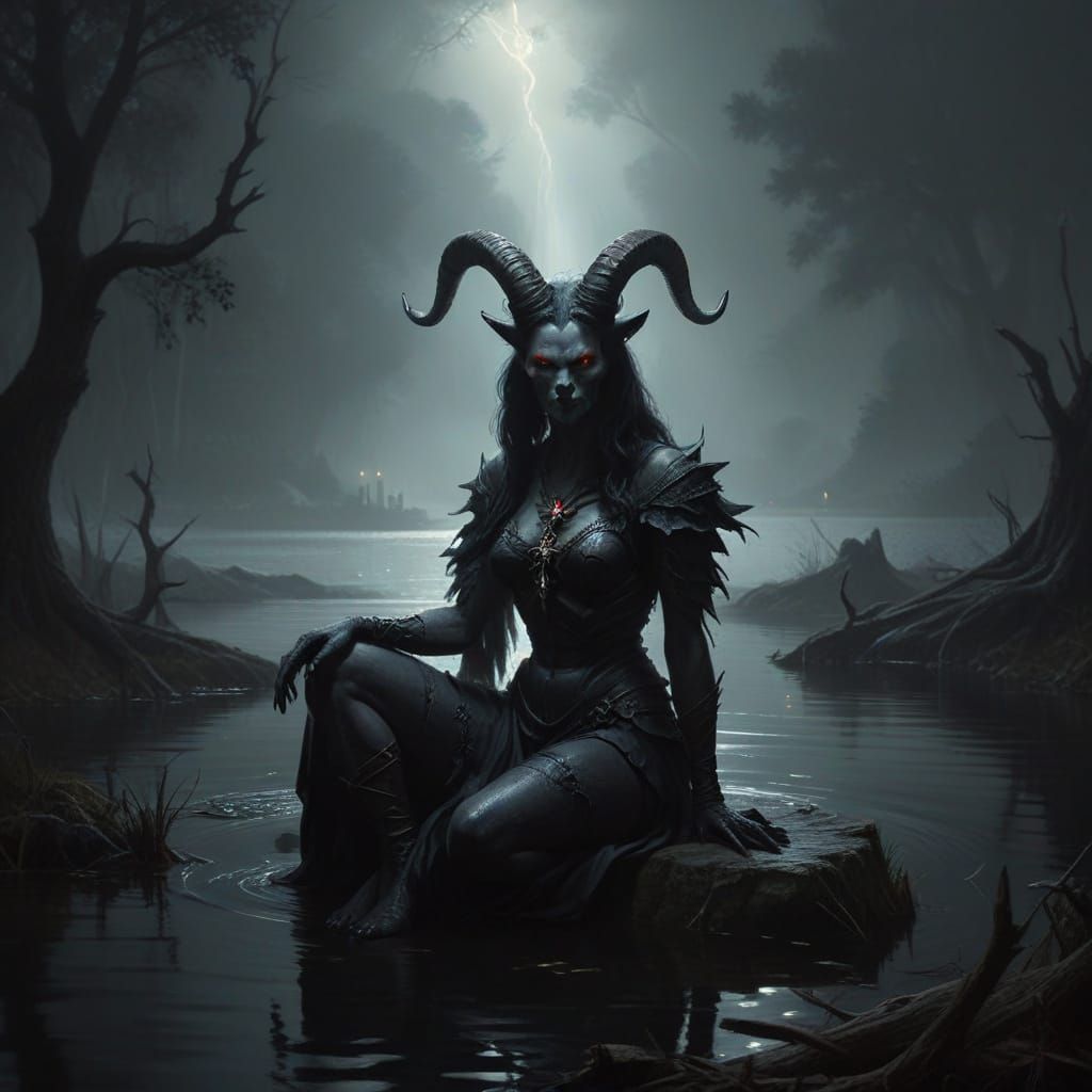 Surreal Goat Goddess Sits by Dark Lake in Sinister Cyberpunk...