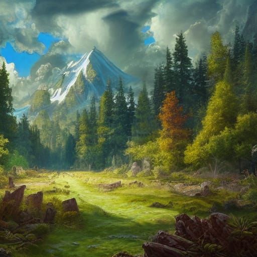 High-Fantasy Forest Sunset with Snowy Mountain