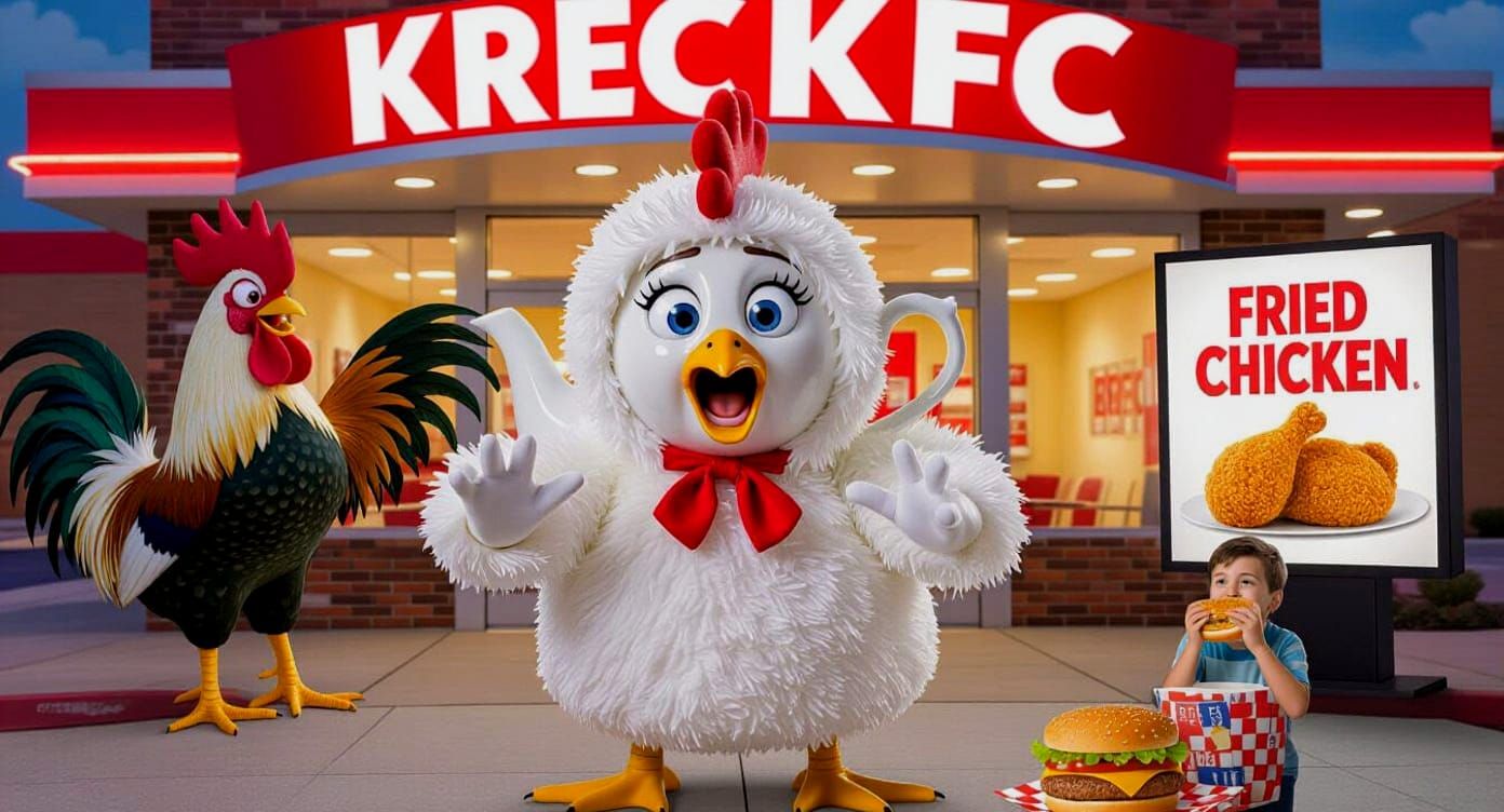 Terrified Teapot in Chicken Suit at KFC, Cartoon Style
