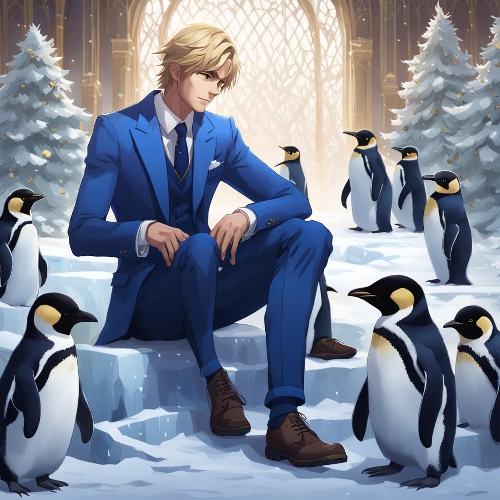 Anime-Style Prince on Frozen Throne with Penguins
