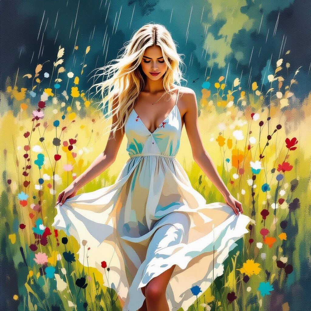 Woman Embracing Summer Rain in Flower Meadow