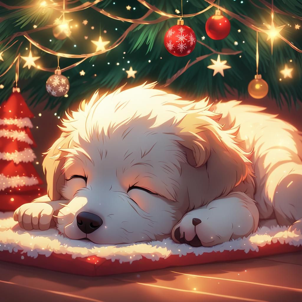 Anime Puppy Sleeps Under Christmas Tree in 3D