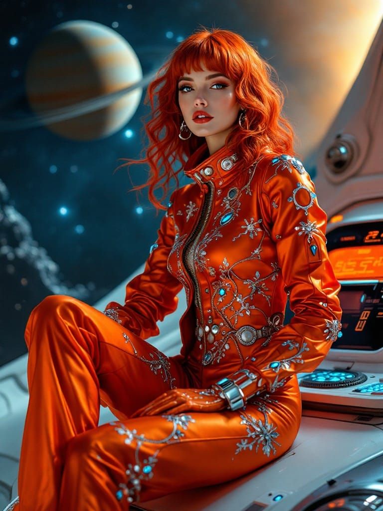 Spacewoman in Metallic Orange Spacesuit against Deep Space