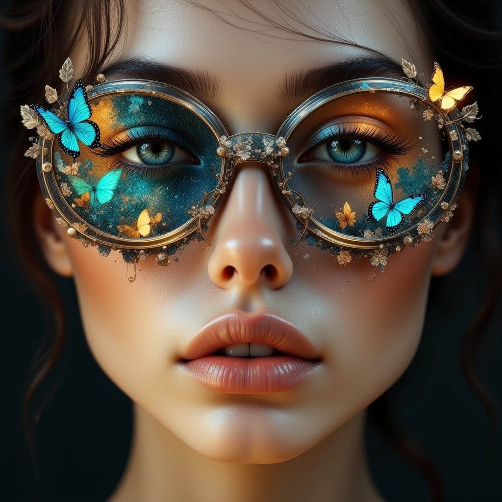 Ethereal Woman Wears Butterfly Eyeglasses in Hyperreal Style