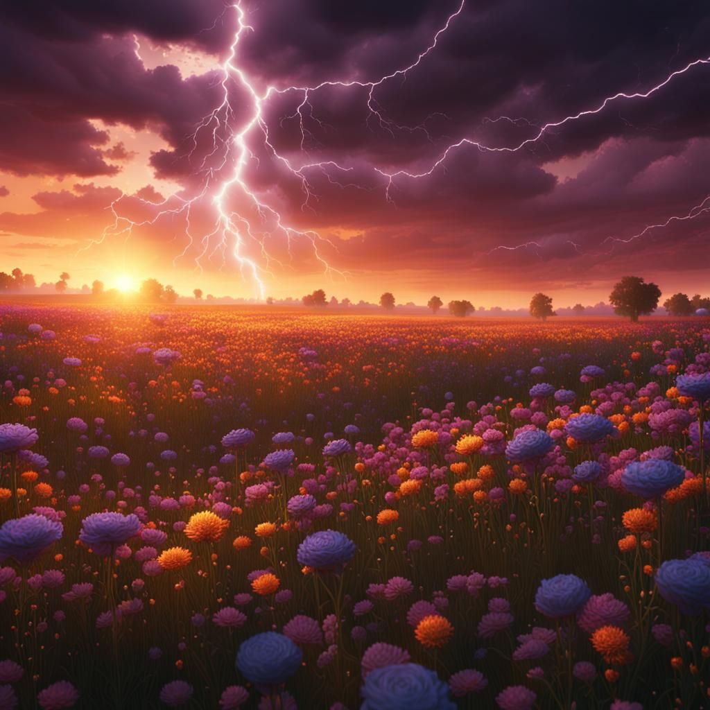 Sunset Flower Field with Lightning: Fantasy Concept Art