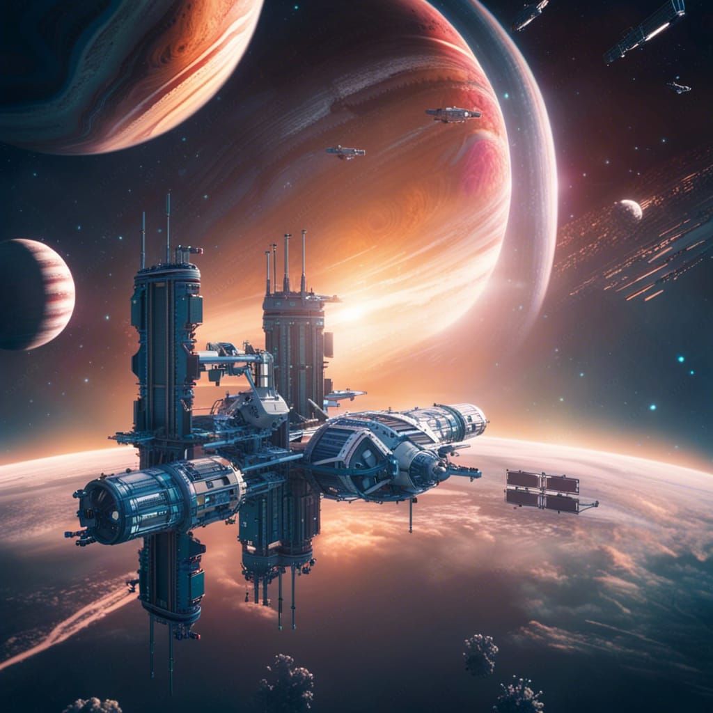 Futuristic Space Station Orbiting Jupiter: Digital Matte Pai...