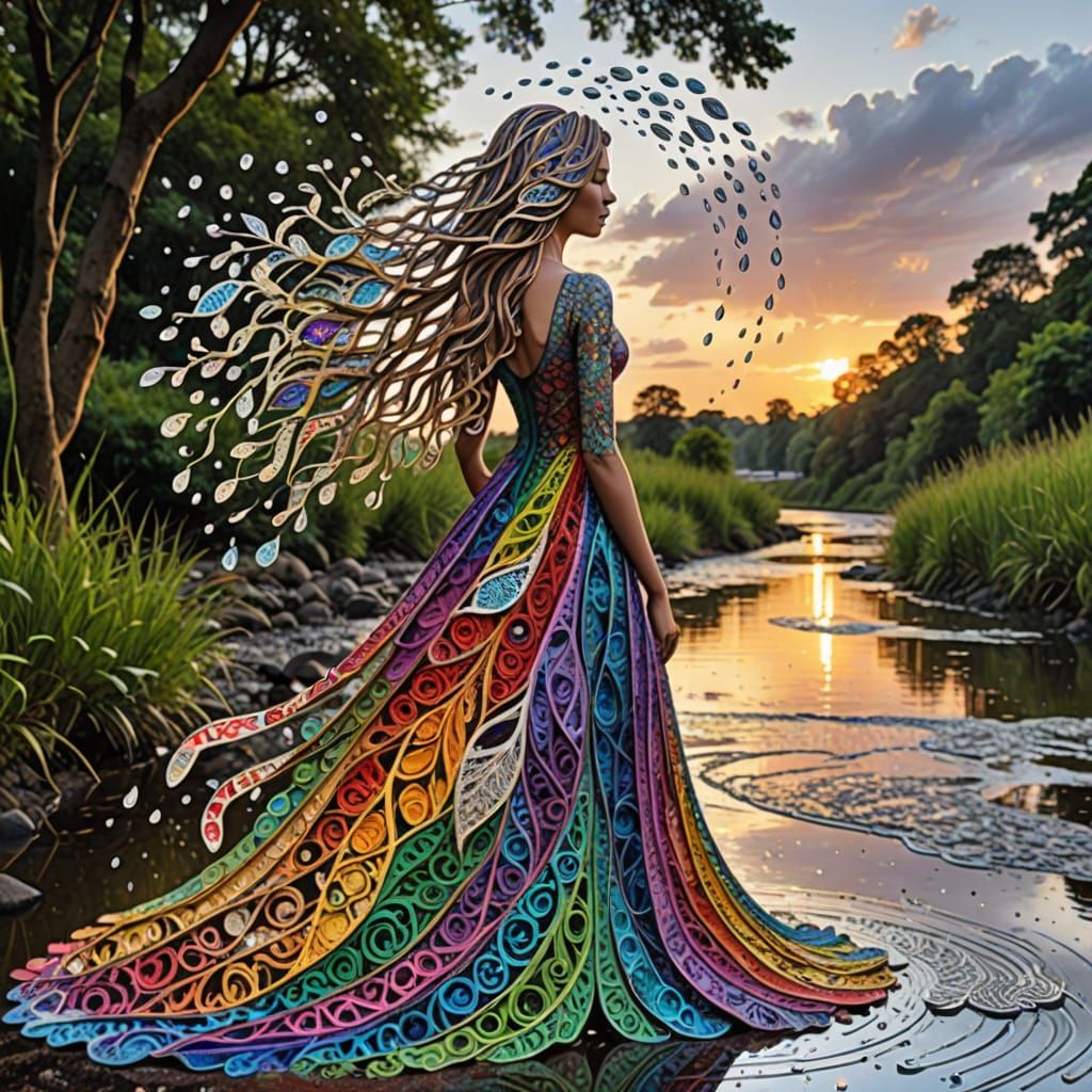 Ethereal Zentangle Goddess with Rainbow Crushed Foil Dress