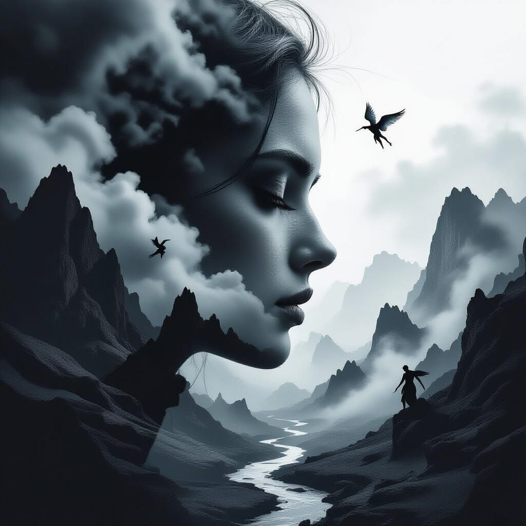 Ethereal Woman Merges with Surreal Gothic Landscape