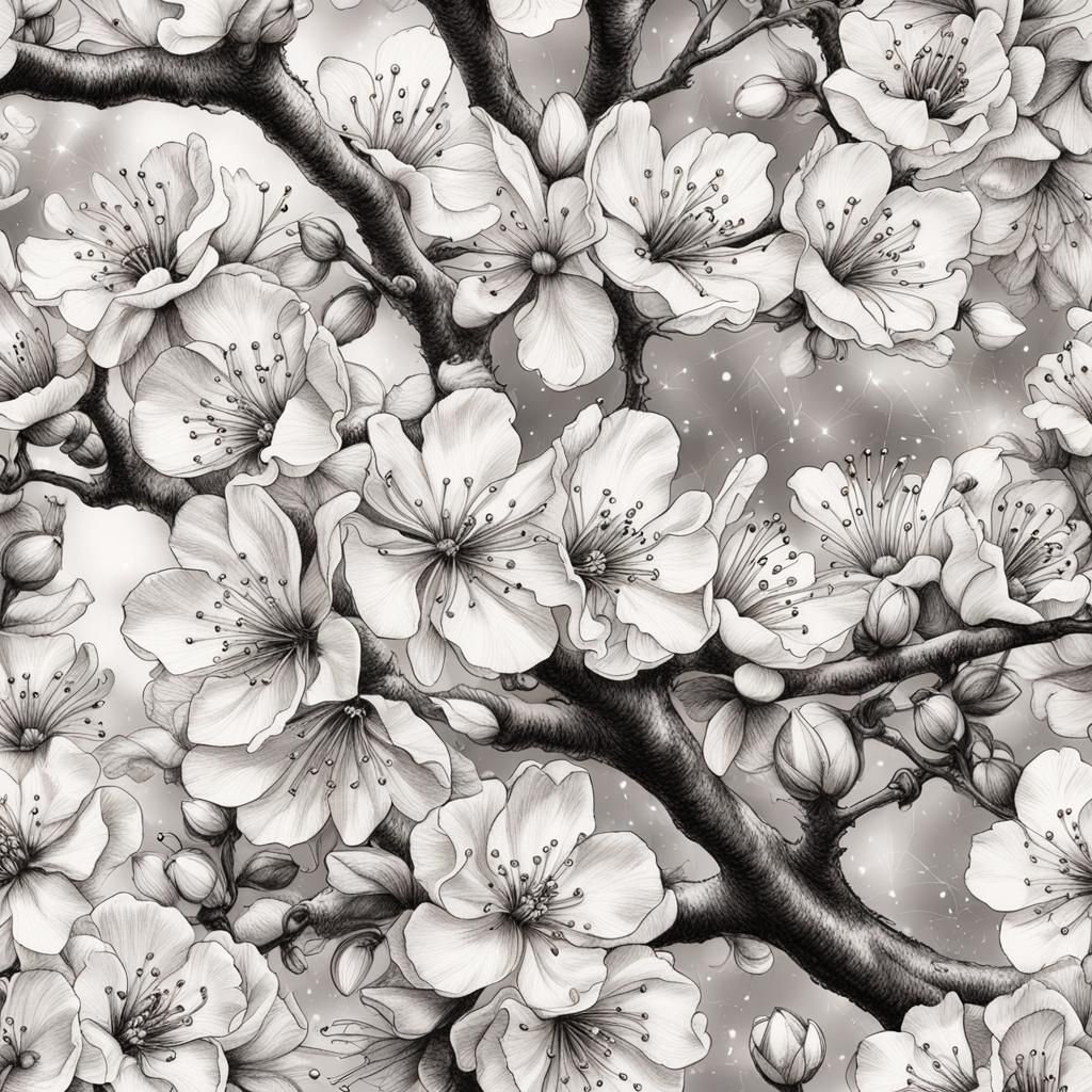 Detailed Cherry Blossom Black Ink Sketch