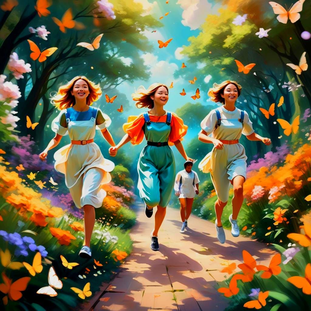 Utopian Garden in Space with People and Butterflies