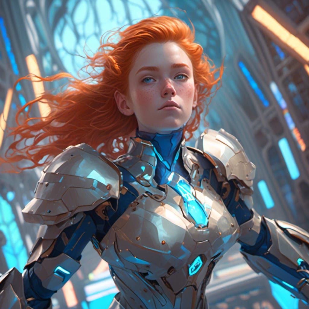 Ginger Heroine in Futuristic Armor with Blue Energy