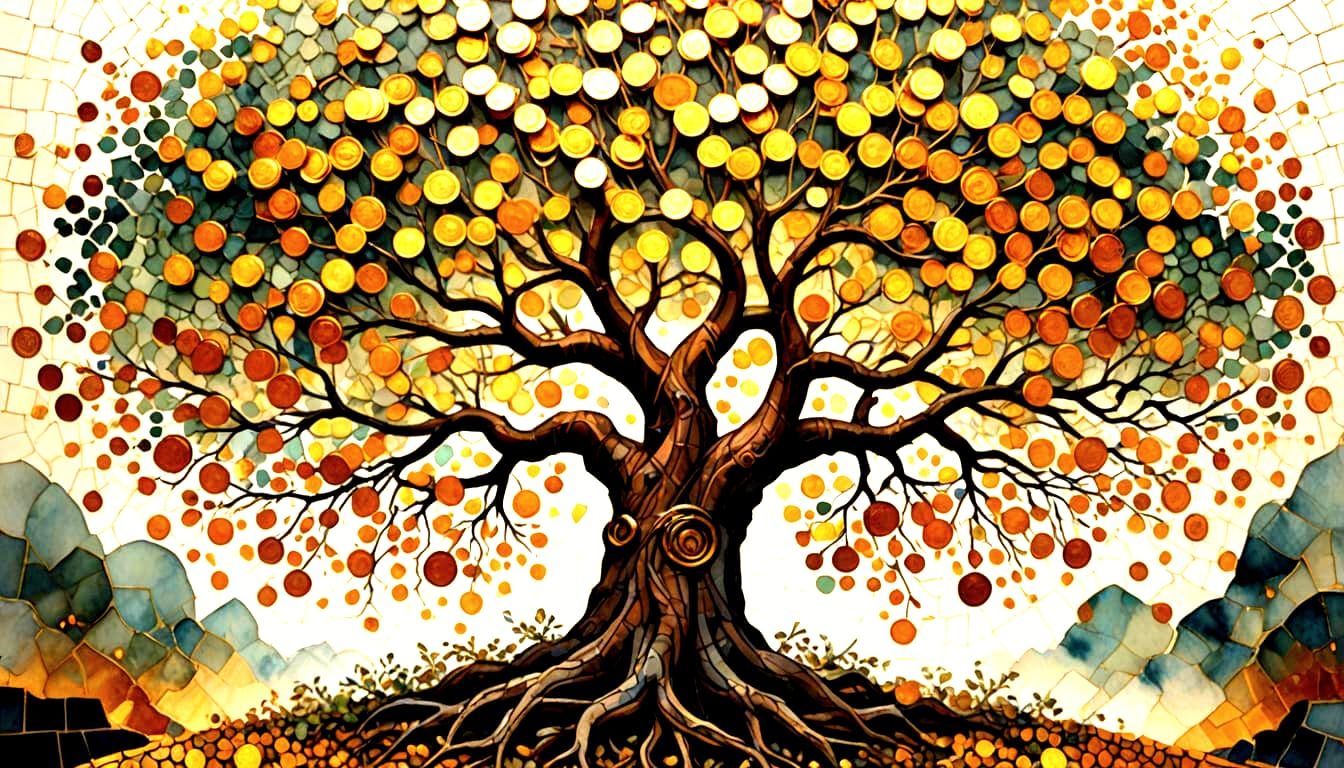 Ancient Tree of Gold Coins and Banknotes