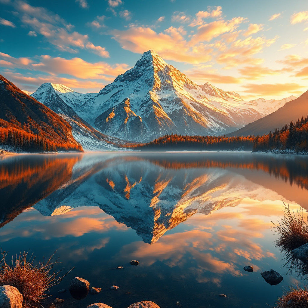 Autumn-Winter Mountain Range Reflection in Matte Painting St...