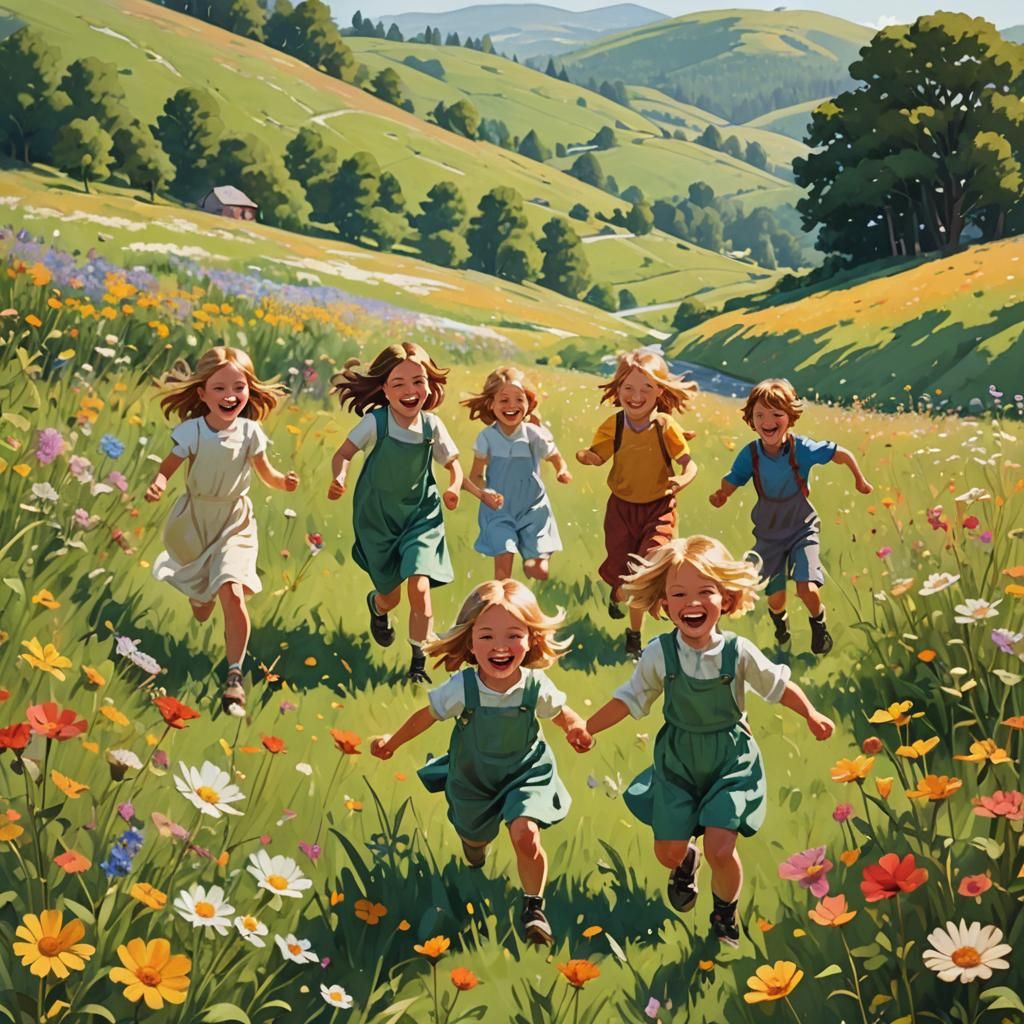 Children Playing in Sunny Meadow Landscape Painting