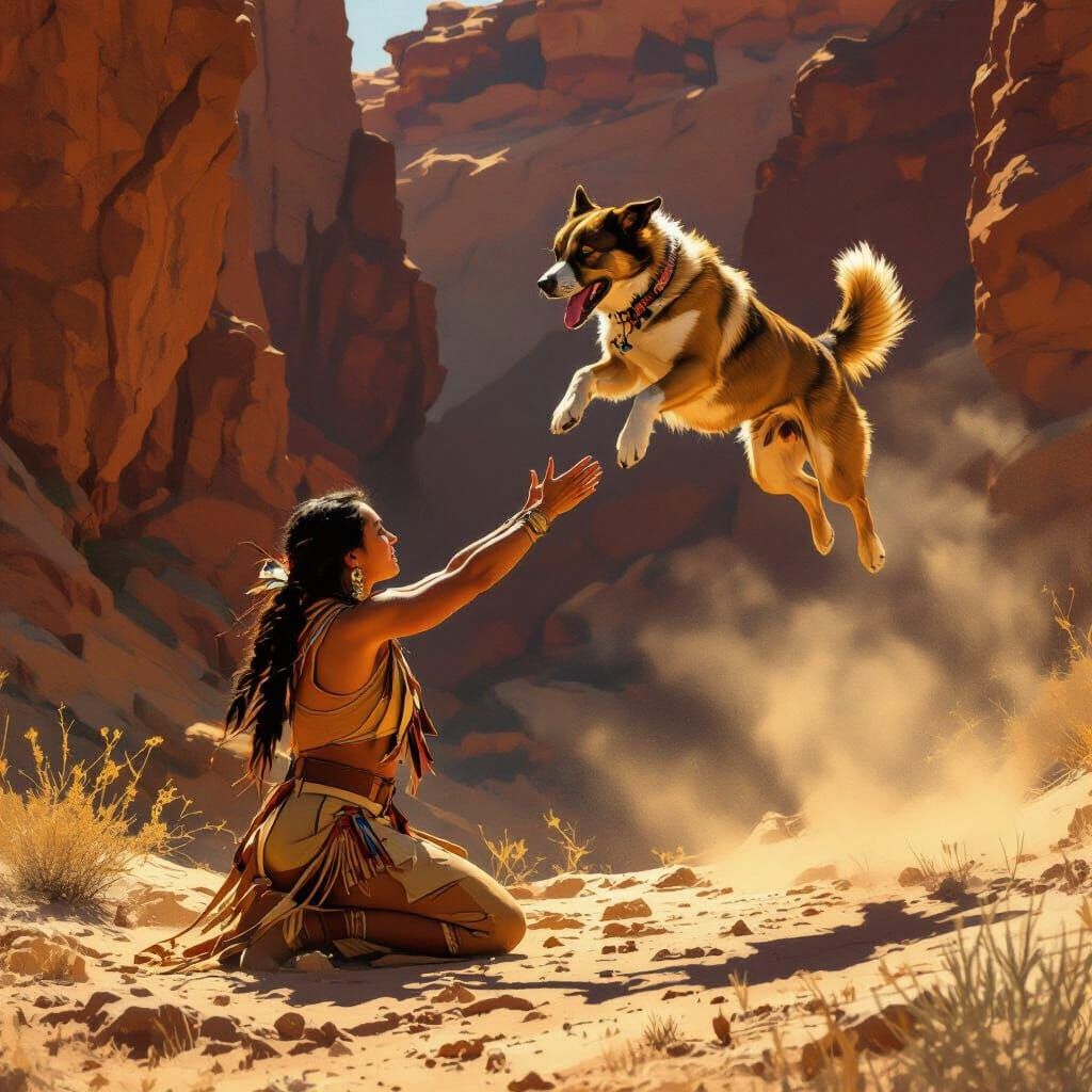 Native American Woman Catches Leaping Dog in Canyon