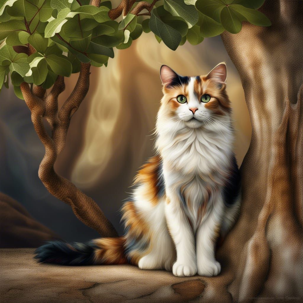 Photorealistic Calico Cat Under Fig Tree