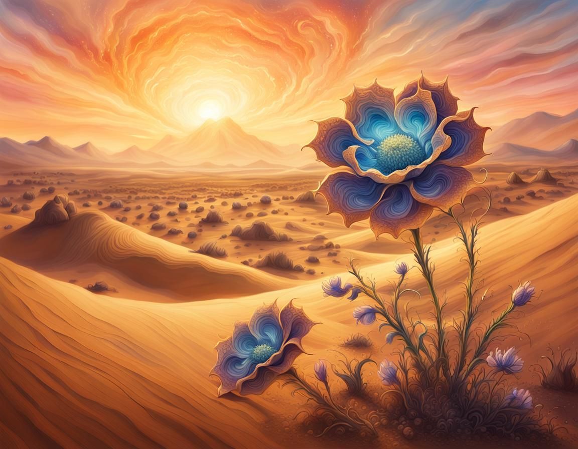 Ethereal Fantasy Landscape: Desert Flower in Ink Drawing