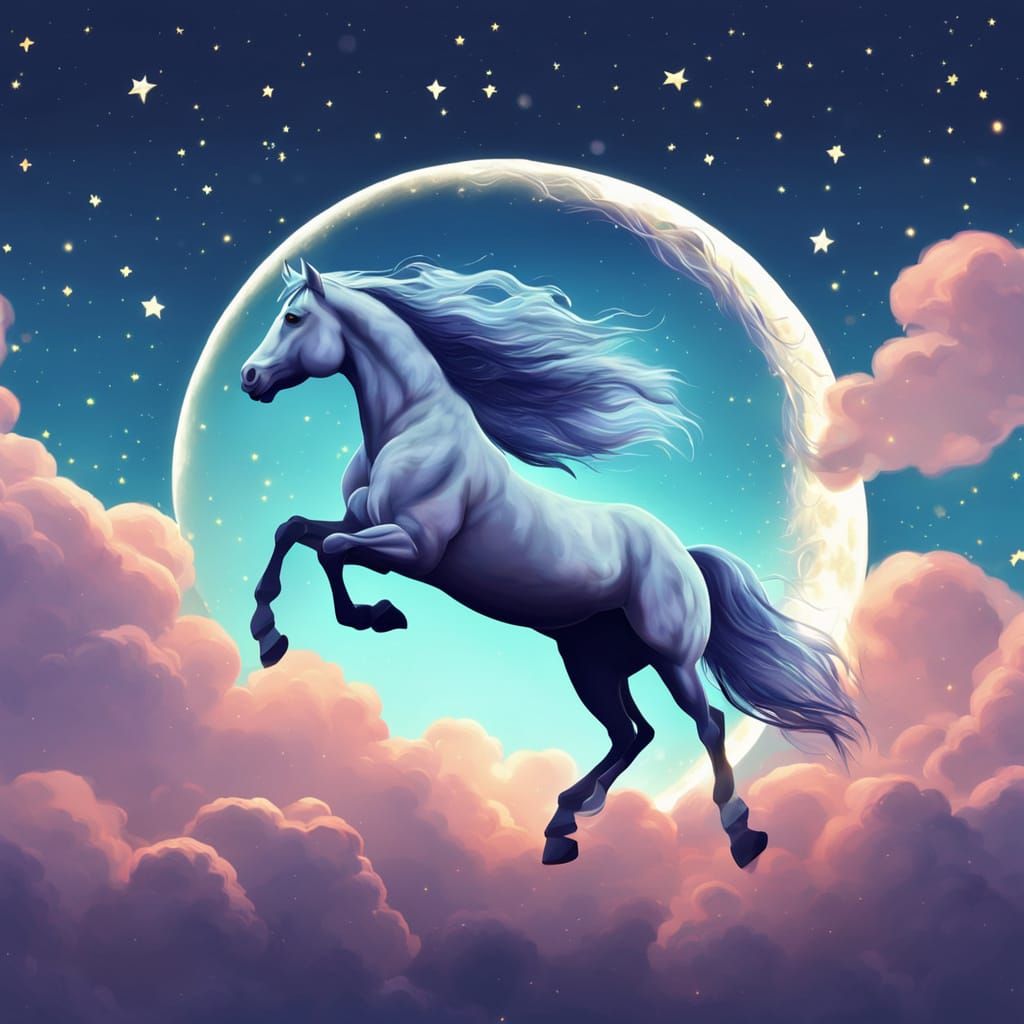 Horse Flying to Moon in Pastel Cartoon Style