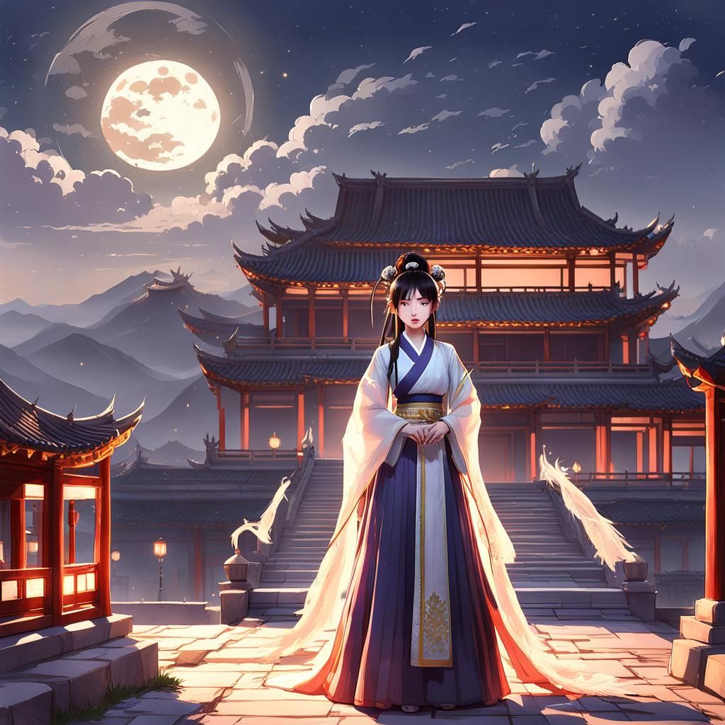 Girl on Ancient Chinese Palace Roof in Anime Style