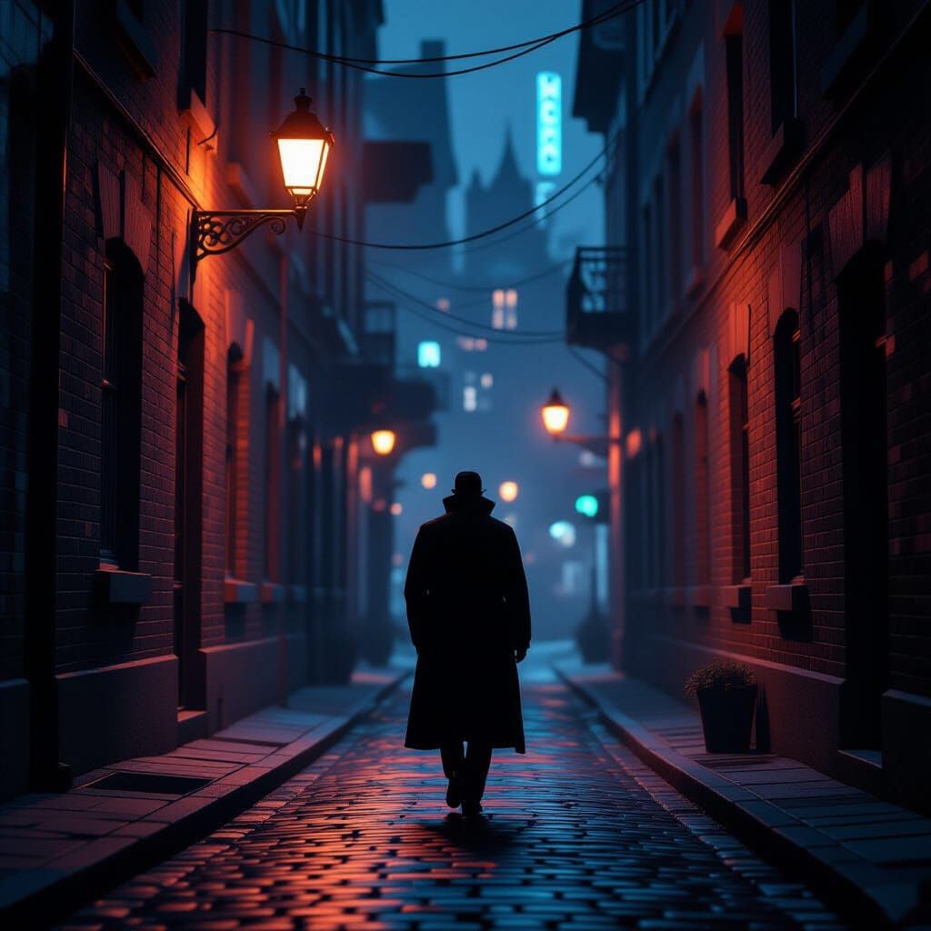 Neon Noir: Lone Figure in Futuristic Cityscape