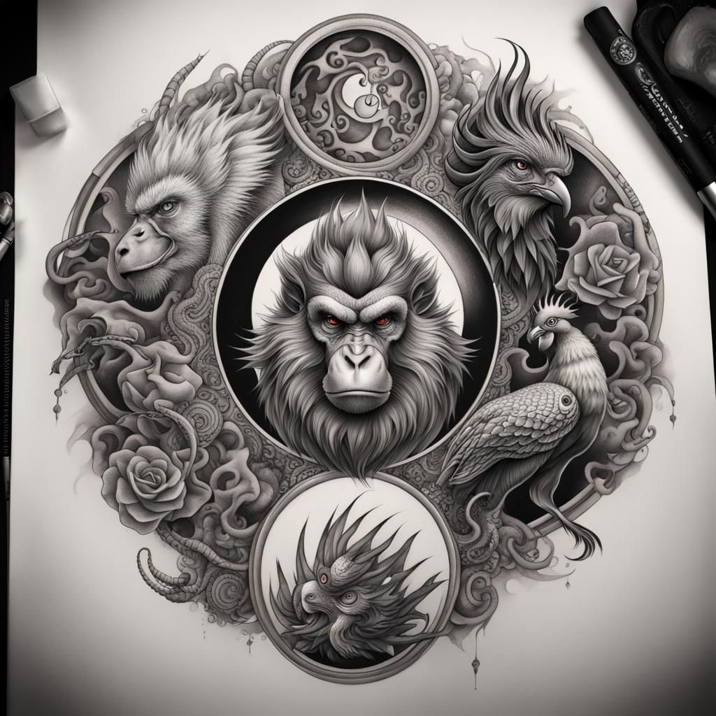 Detailed Charcoal Tattoo with Zodiac Animals