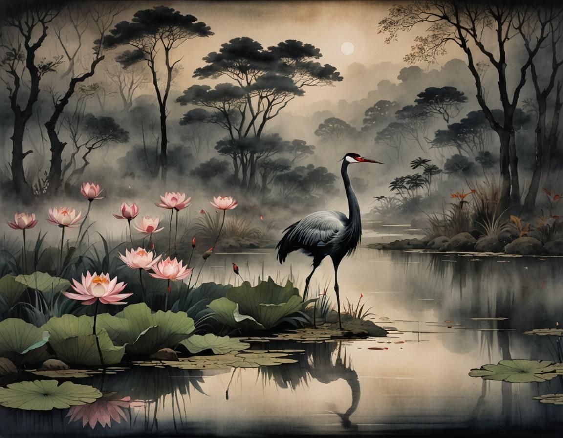 Night Lotus Pond Landscape with Crane in Ukiyo-e Style