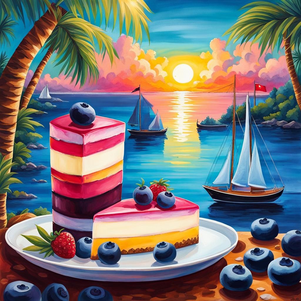 Surreal Blueberry Cheesecake Dreamscape in Watercolor Style