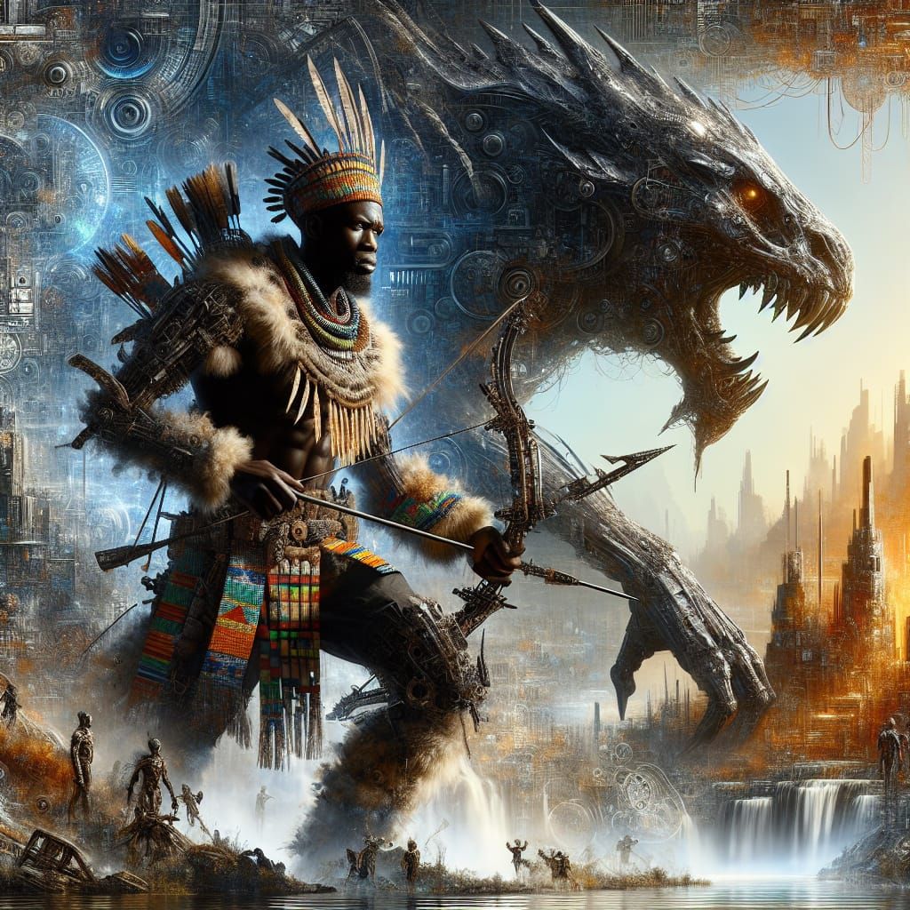 Post-Apocalyptic Tribal Hunter in Sci-Fi Landscape