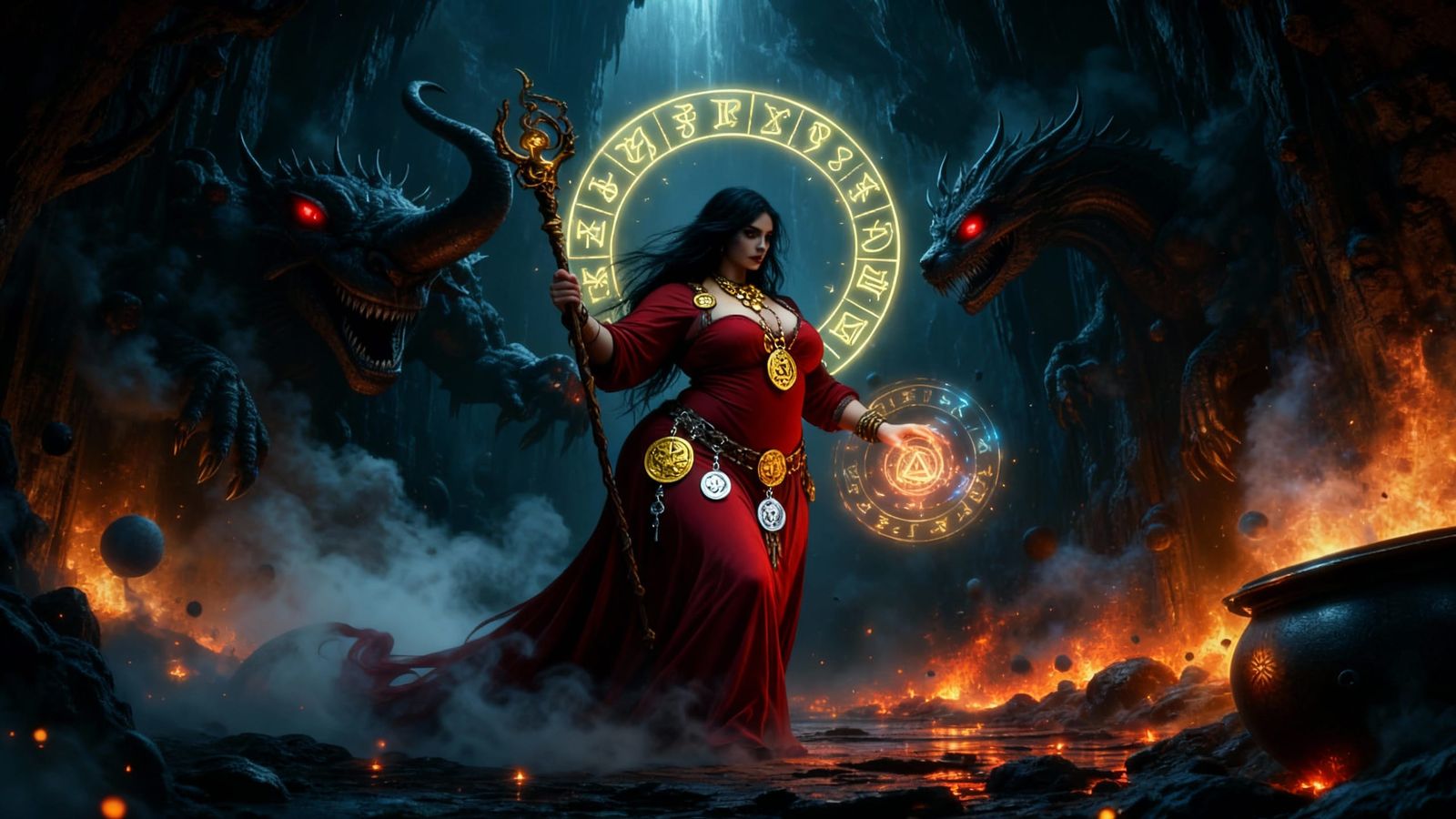 Crimson Sorceress in Dark Cave Casting Spells