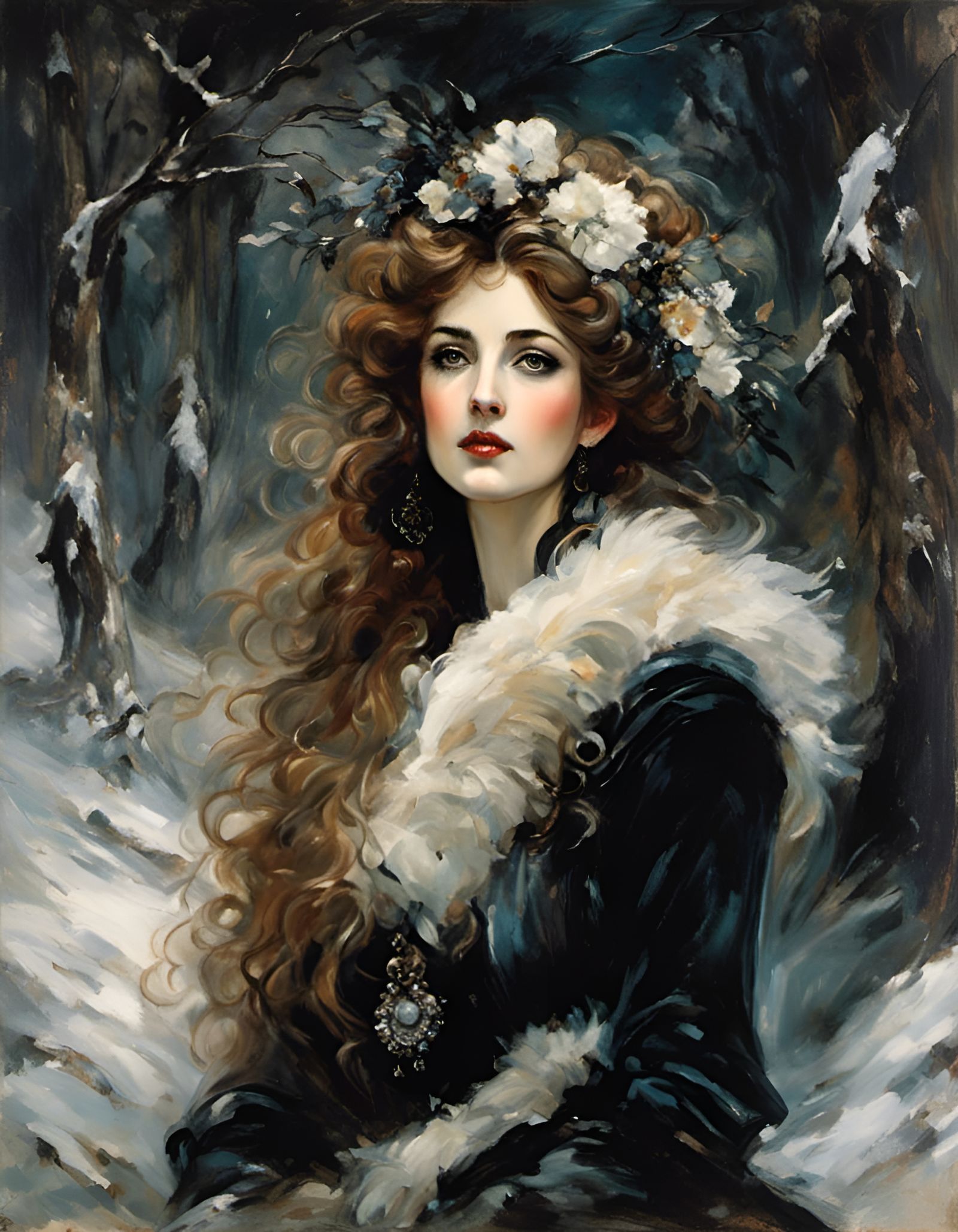 Mesmerizing Woman in Winter Forest Oil Painting