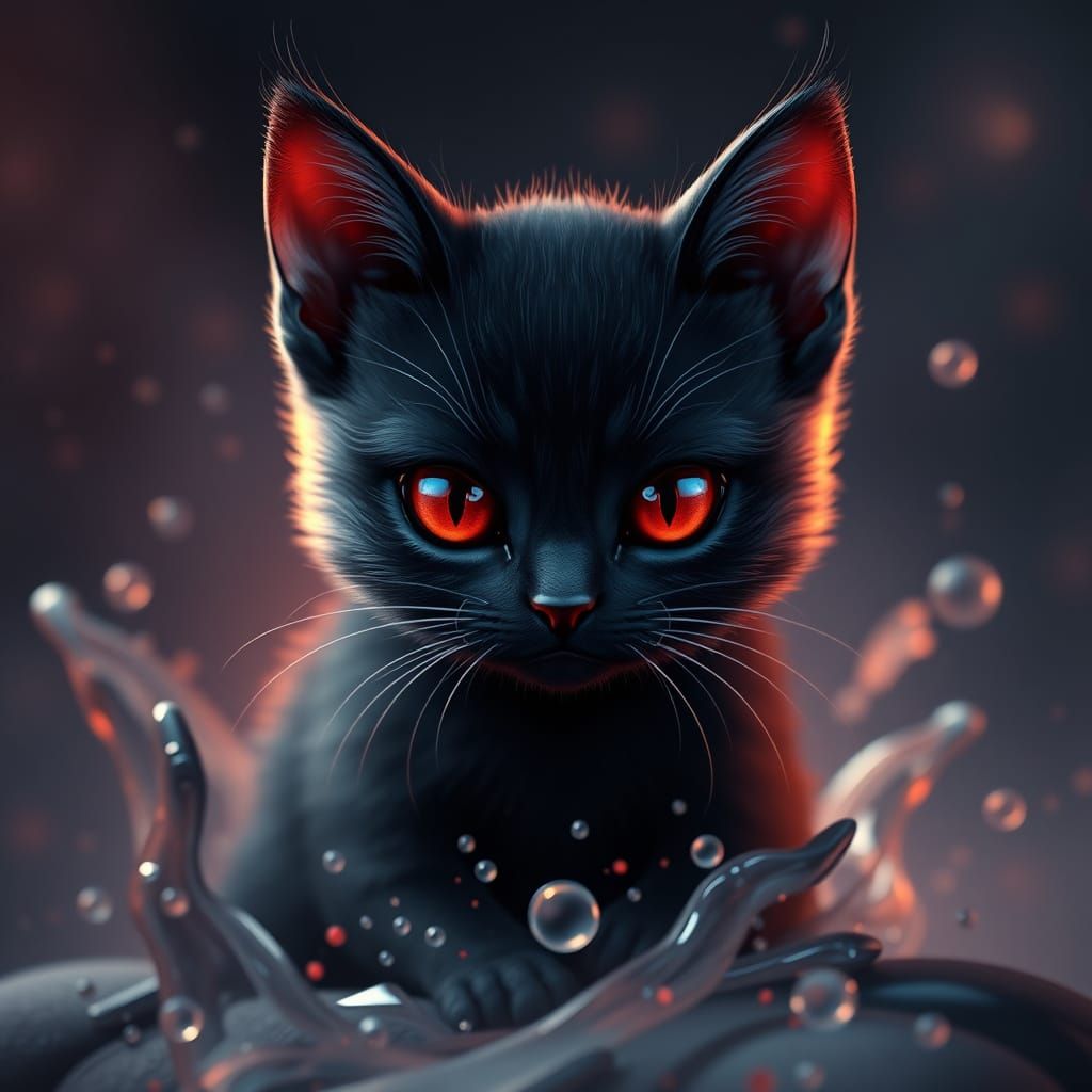 Cute Mini Black Cat with Red Eyes in Deep Fantasy Matte Pain...