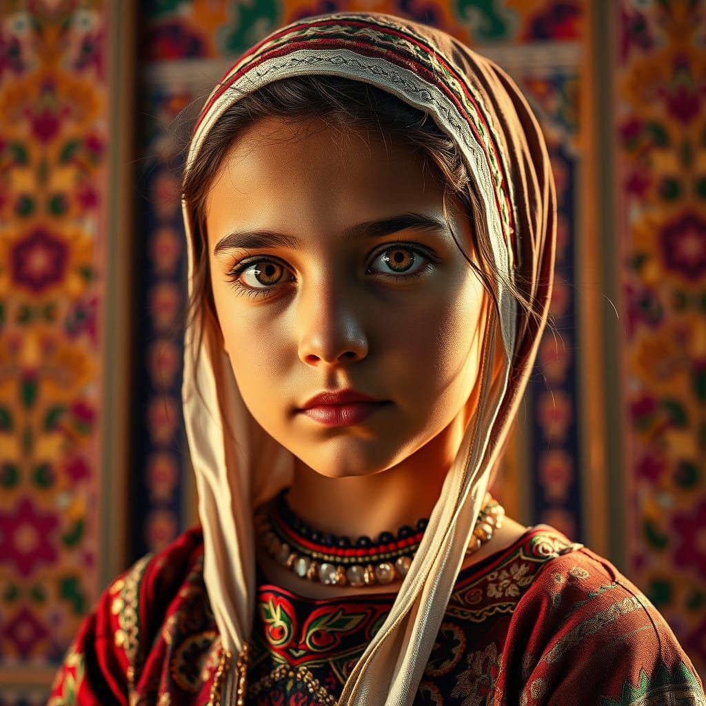 Palestinian Girl in Traditional Embroidered Attire