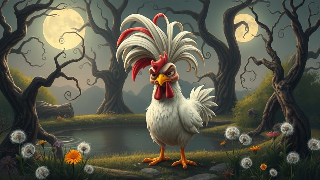 Grumpy Chicken in Mystical Forest, Burtonesque Style
