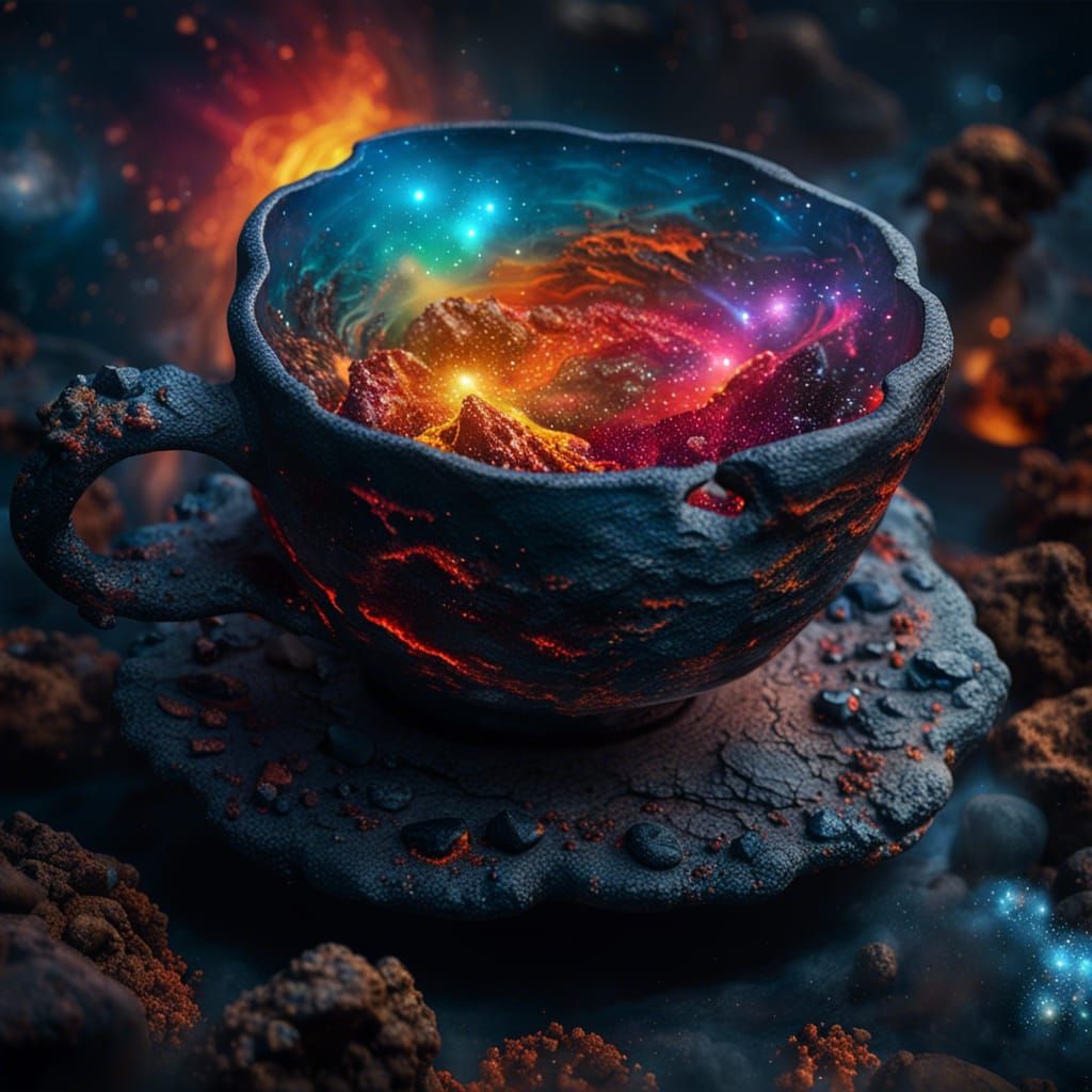 Dreamy Nebula Teacup: Ghibli-Inspired Surreal Art