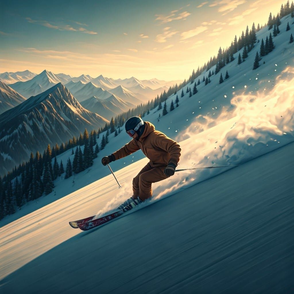 Serene Skier Carves Through Powder in Mystical Mountain Land...
