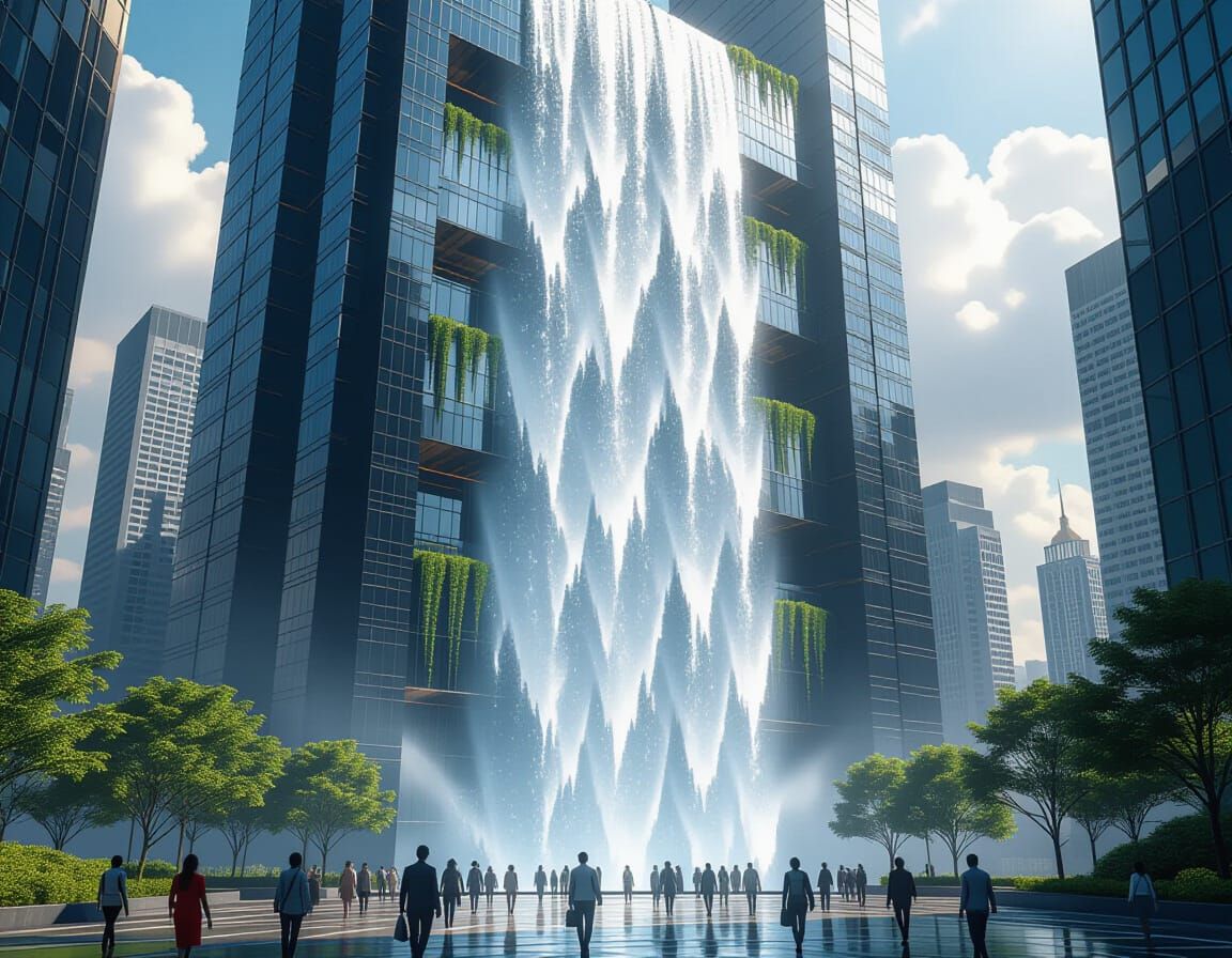 Waterfall on Skyscraper in Retro-Futuristic Style