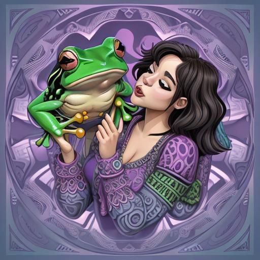 Yak Woman Kisses Frog with Abstract Elements